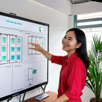 **Tech Enthusiast Sharing Knowledge:** A friendly Vietnamese engineer smiles while presenting a technical diagram on a digital whiteboard to a small, engaged group in a modern co-working space in Ho Chi Minh City. The room is bright and airy, with plants and modern furniture. The diagram features clear Vietnamese text and technical illustrations. The overall mood is collaborative and inspiring.